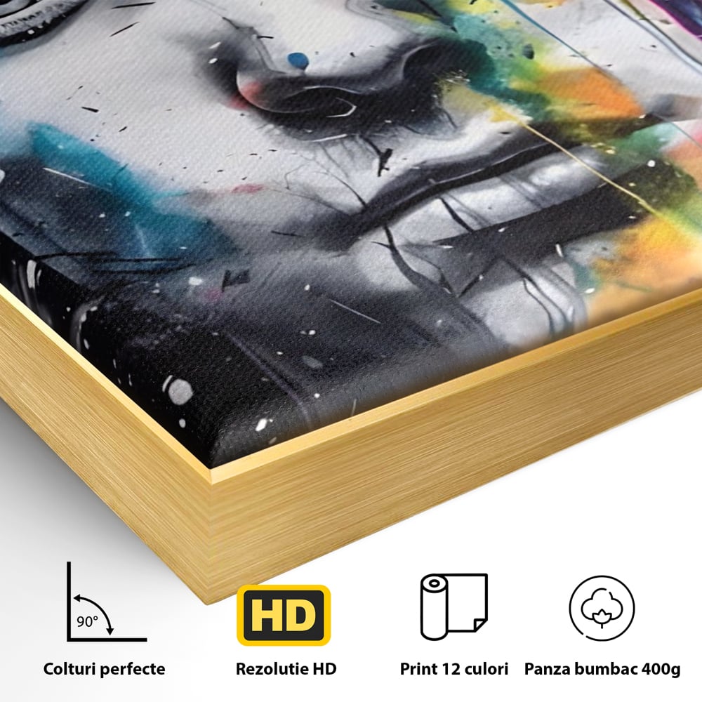 Detaliu al suprafetei: tablou canvas portret barbat cu pete de culoare, in rama de aluminiu auriu